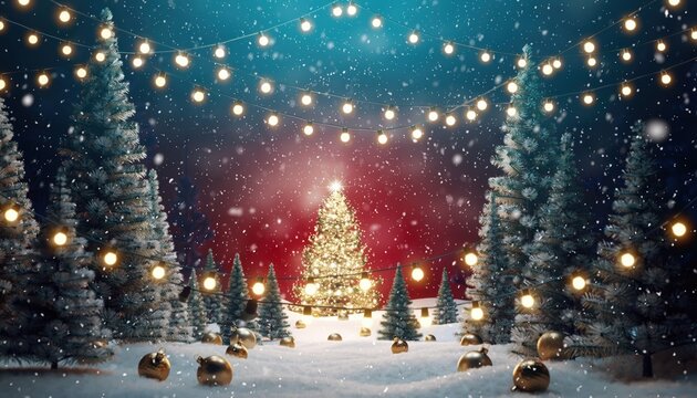 Christmas celebration in snowy forest festive tree with lights winter wonderland nighttime serenity enchanting atmosphere