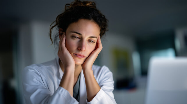 A tired medical professional sits at a desk in a bright clinical workspace, wearing a white lab coat and gently pressing both hands against her face in exhaustion. Her posture lean
