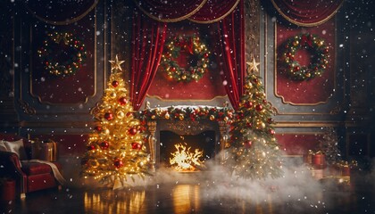Fototapeta premium Festive holiday celebration cozy living room digital art classic interior warm atmosphere christmas themes with snowfall and decorative trees
