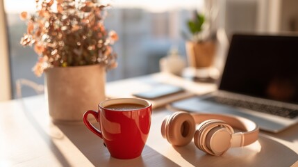 Warm coffee in red mug on a desk with laptop and plants during morning sunlight