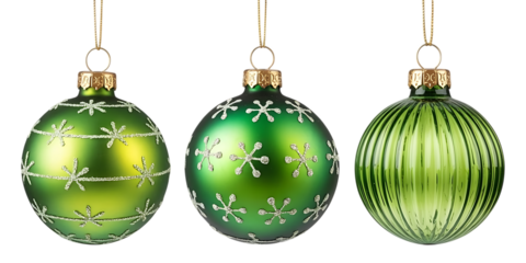 Three green oval christmas ornaments with white snowflake and stripe patterns isolated on white background
