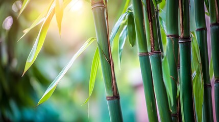 Bamboo forest with stalks clacking together in wind, natural daylight filtering through leaves