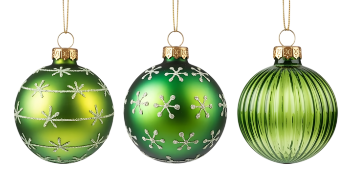 Three green oval christmas ornaments with white snowflake and stripe patterns isolated on white background