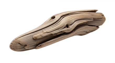 Aged driftwood isolated on a pure white background, studio shot highlighting natural texture, weathered wood patterns, rustic and organic appearance, perfect for design, decor, and nature-inspired con