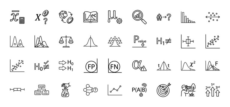 Statistics and probability line icon set. Vector pictograms of mean, median, standard deviation, hypothesis testing, and distributions, thin linear illustration.