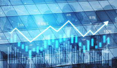 Visual representation of financial growth featuring a rising graph overlaying a cityscape. Ideal...