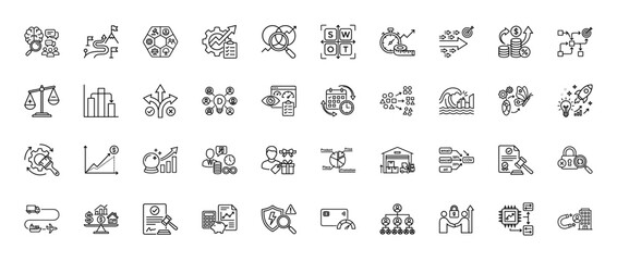 Business strategy and planning line icon set. Vector pictograms of swot analysis, marketing mix, finance, and decision-making, thin linear illustration.