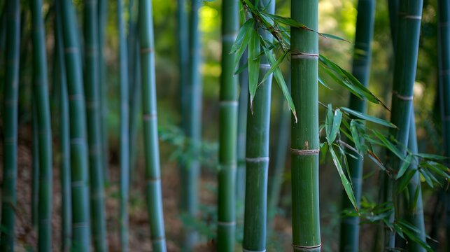 Bamboo forest with stalks clacking together in wind, natural daylight filtering through leaves
