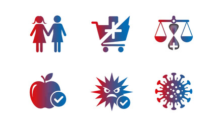 Diverse icons representing health care, shopping, justice, nutrition, and infectious disease prevention.