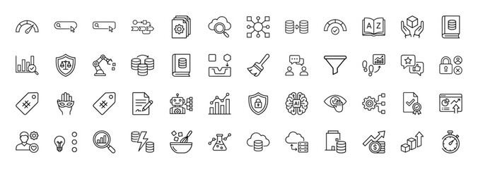 Data science and analytics line icon set. Vector pictograms of charts, databases, search, security, and ai brain, thin linear illustration.
