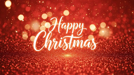 Elegant white Happy Christmas calligraphy text on sparkling red bokeh glitter background