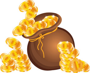 Bag of Gold Coins Illustration with Clovers