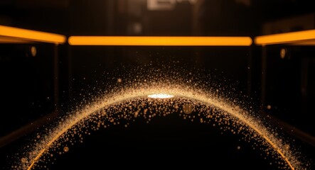 Golden particles swirling in dark room with orange lighting effects