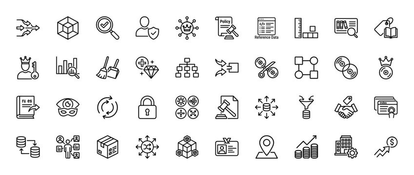 Data management line icon set. Vector pictograms of reference data, policy, security, analytics, and quality, thin linear illustration.