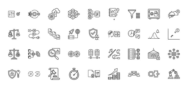 Data science and security line icon set. Vector pictograms of blockchain, server, flowcharts, and risk analysis, thin linear illustration.