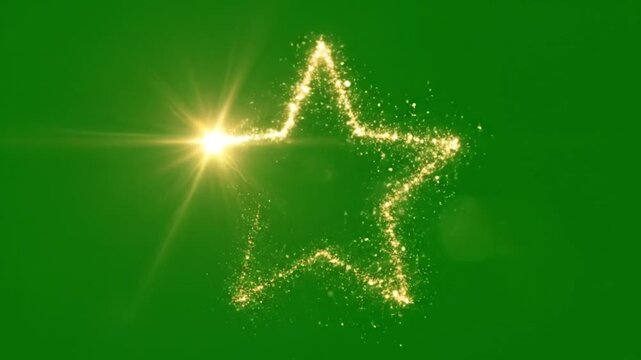 Animated golden magic sparkle trail forming a star shape on green screen. Shiny glitter particle effect for Christmas, awards, and fantasy video overlays