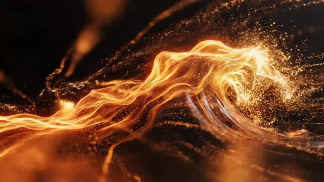Dynamic glowing golden wave with sparkling particles on a dark background for dopamine release concept and neural stimulation