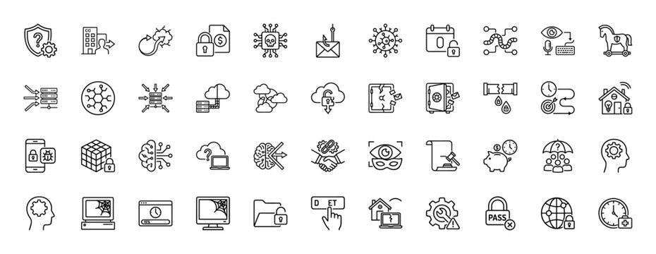 Cybersecurity line icon set. Vector pictograms of protection, data, privacy, cloud, server, virus, and password, thin linear illustration.