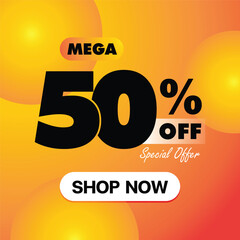50 percent off mega sale colorful gradient orange.  vector banner illustration.