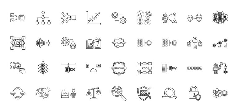 Artificial intelligence and machine learning line icon set. Vector pictograms of deep learning, data analysis, kdd, and modeling, thin linear illustration.