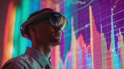 Young professional with AR glasses surrounded by colorful AI-driven holographic charts modern office sleek design vibrant neon lighting