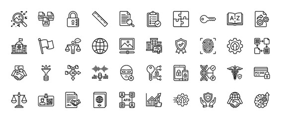 Data security and privacy line icon set. Vector pictograms of padlock, fingerprint, key, file, and shield, thin linear illustration.