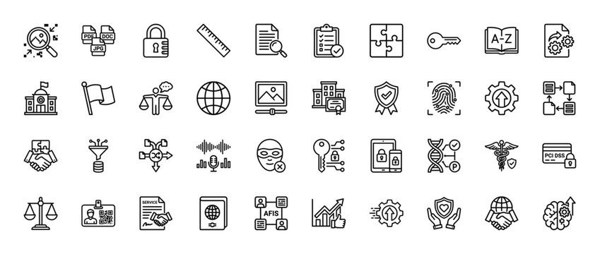Data security and privacy line icon set. Vector pictograms of padlock, fingerprint, key, file, and shield, thin linear illustration.