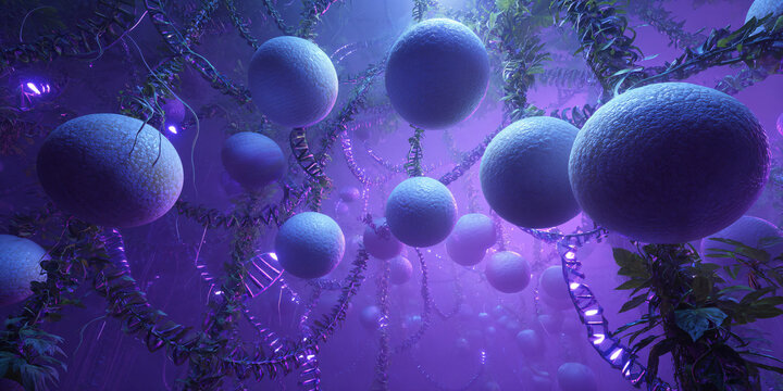 Abstract purple fantasy landscape with floating orbs, DNA strands, and lush foliage Concept of futuristic biology, genetic engineering, and otherworldly nature