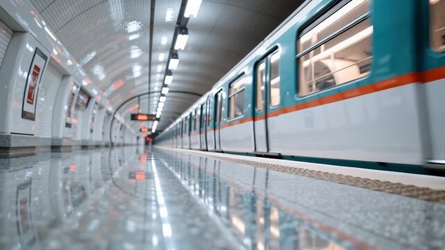 low angle view of a parisian metro train starting to depart from the station platform, with its doors closed and lights reflecting on the polished floor