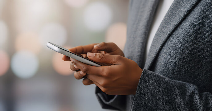Close Up Businesswoman Hand Holding Modern Device Mobile Smart Phone