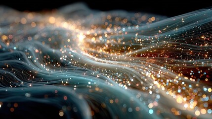 Dynamic abstract illustrating data transmission as luminous trails crisscrossing between neuron-like structures embodying technological evolution