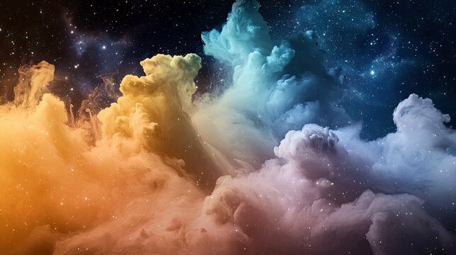 An abstract image of colorful smoke clouds against a starry night sky, with a gradient of colors and a dreamy atmosphere. - Powered by Adobe