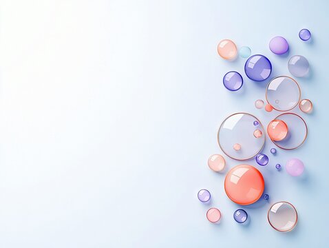 A collection of colorful spheres and circles of varying sizes arranged on a light blue background, creating an abstract composition.