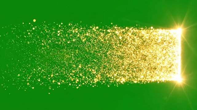 Wide golden glitter dust trail transition animation on green screen. Luxury magic particle wipe effect for awards, weddings, and holiday video edits