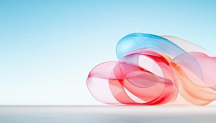 An abstract image featuring colorful, swirling shapes against a gradient blue background, creating a sense of movement and fluidity.