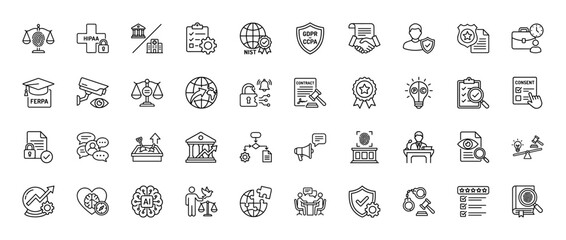 Privacy and compliance line icon set. Vector pictograms of security, contract, data, law, and regulation, thin linear illustration.