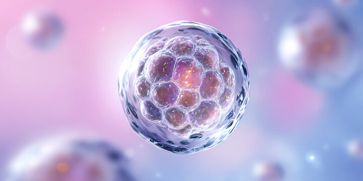 Microscopic view of human blastocyst cell division, early stage embryo development Concept of fertility, reproduction, and stem cell research