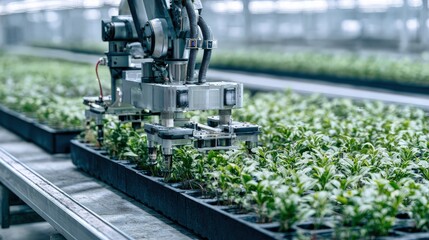 AI automation Automatic planting of young seedlings using a robot in an industrial nursery