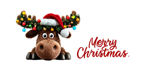 Fototapeta premium Festive cartoon moose wearing Santa hat and Christmas lights wishing Merry Christmas on black background Concept of holiday, celebration, and greeting