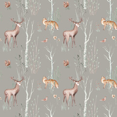 Watercolor Woodland animals seamless pattern. Fabric wallpaper forest with baby deer. Owl, fox and butterfly, Bunny rabbit set of forest, bear and bird baby animal Nursery