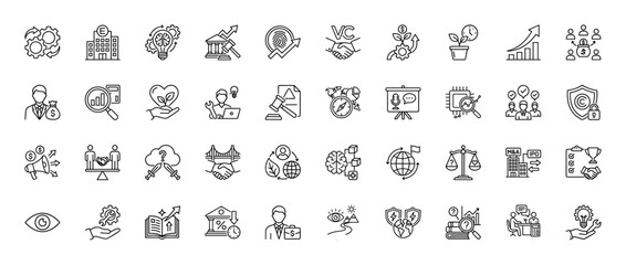Business and finance line icon set. Vector pictograms of venture capital, growth, m&a, and legal compliance, thin linear illustration.