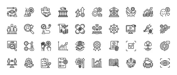 Business and career development line icon set. vector pictograms of team, gear, investment, education, and growth, thin linear illustration.