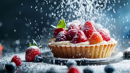 Delicious homemade mini fruit tart with raspberries and strawberries sprinkled with powdered sugar