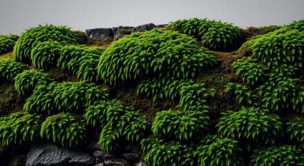 Lush green moss covered rocky hillside with gray stones and cloudy sky