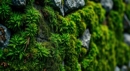 Lush green moss covered rocky hillside with gray stones and cloudy sky