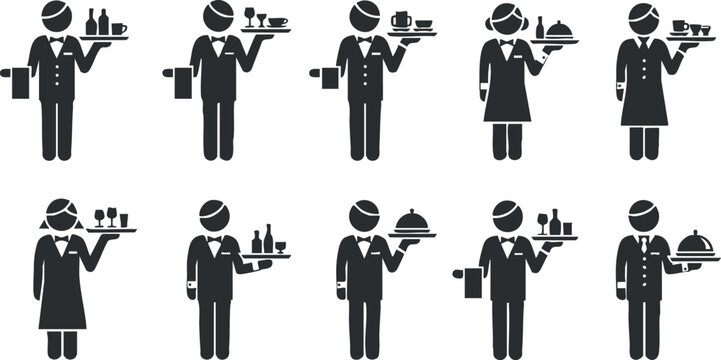 Silhouette vector icon set showcasing waiters and waitresses serving food and drinks in a restaurant context