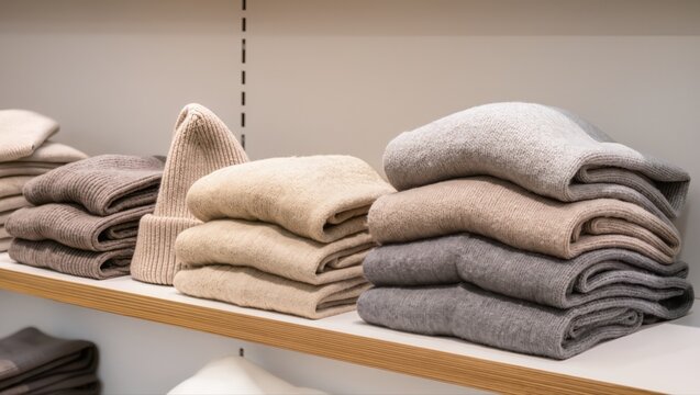 Warm and cozy knitwear displayed neatly on shelves
