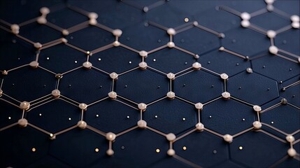 Close-up of an abstract network structure with hexagon shapes, golden lines, and dots on a dark blue background. The image has a futuristic and technological fe