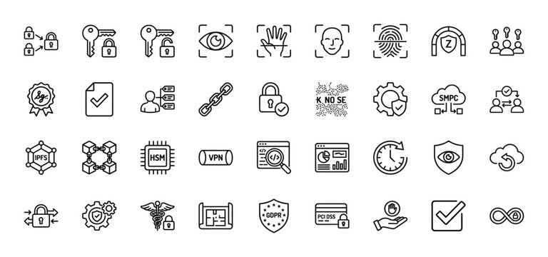 Cybersecurity and data protection line icon set. Vector pictograms of fingerprint, key, lock, shield, chain, and biometric security, thin linear illustration.