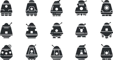 Vector icon set featuring playful black and white rocket ships designed for technology and space exploration themes